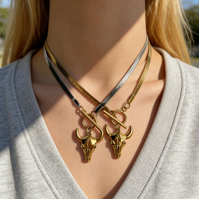 Gold Titanium Steel Bull's Head Ot Buckle Snake Bone Chain Necklace