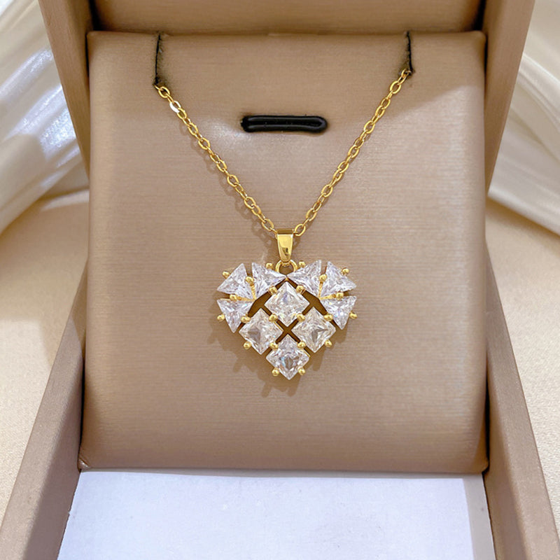 Gold Titanium Steel Diamond Heart Necklace