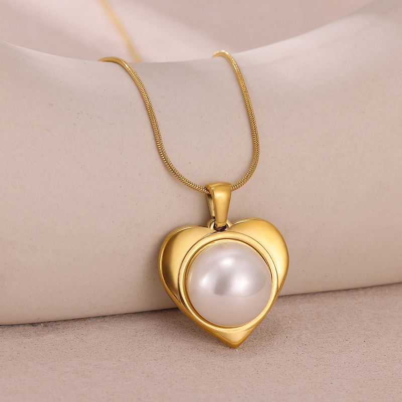 Gold Titanium Steel Heart Pearl Necklace
