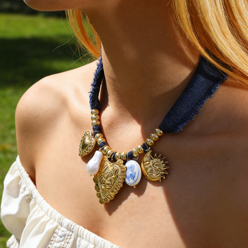 Gold Titanium Steel Heart-shaped Ceramic Flower Denim Beaded Necklace