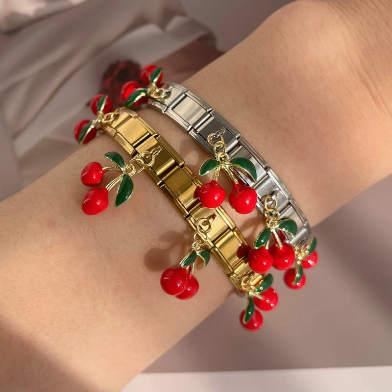 Gold Titanium Steel Oil Drop Cherry Square Module Bracelet