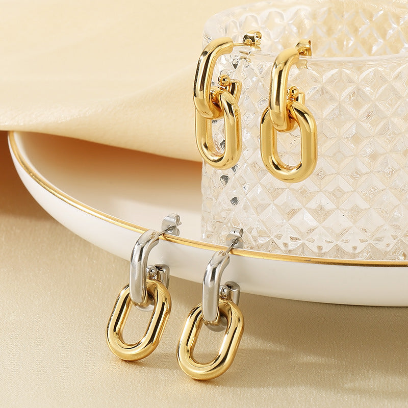 Gold Titanium Steel Oval Earrings