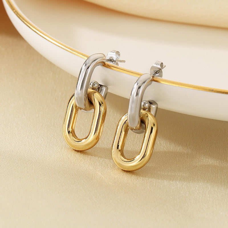 Gold Titanium Steel Oval Earrings