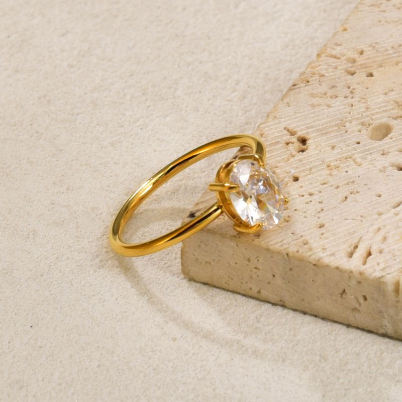 Gold Titanium Steel Oval Ring With Diamonds