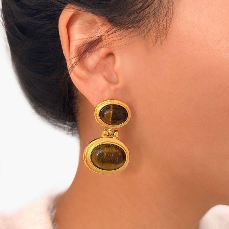 Gold Titanium Steel Tiger Eye Earrings