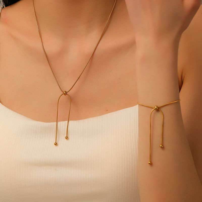 Gold Vertical Set Titanium Steel Cross Pull Necklace Bracelet Set