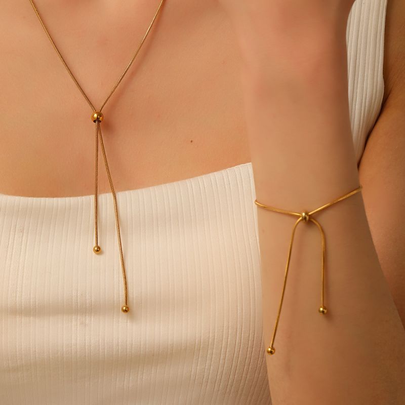 Gold Vertical Set Titanium Steel Cross Pull Necklace Bracelet Set