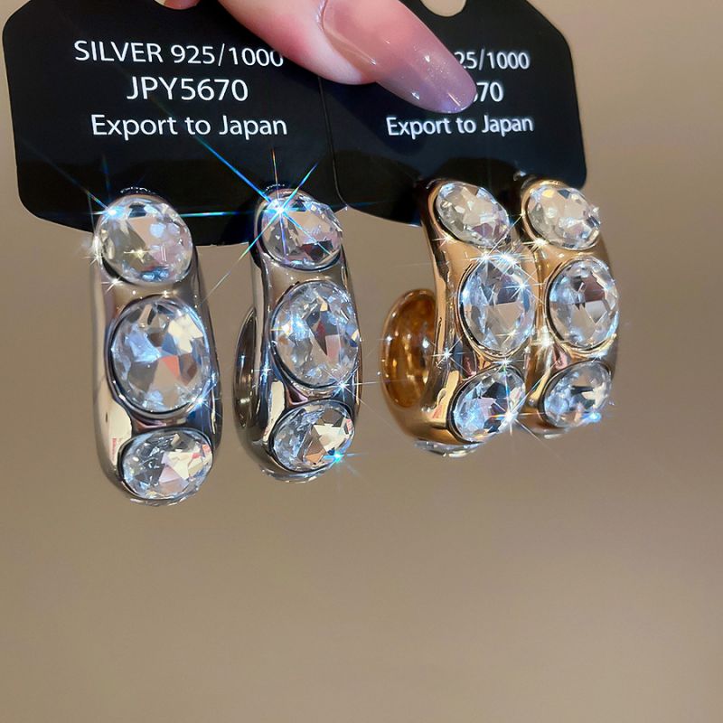 Gold (real Gold Plating) Copper C-shaped Earrings With Diamonds