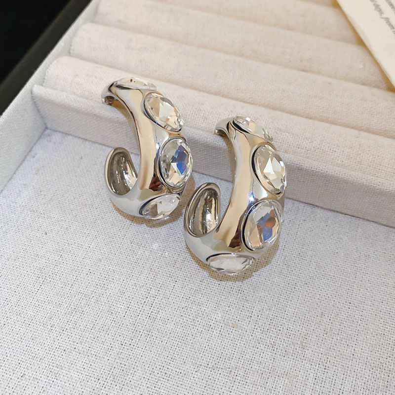 Gold (real Gold Plating) Copper C-shaped Earrings With Diamonds