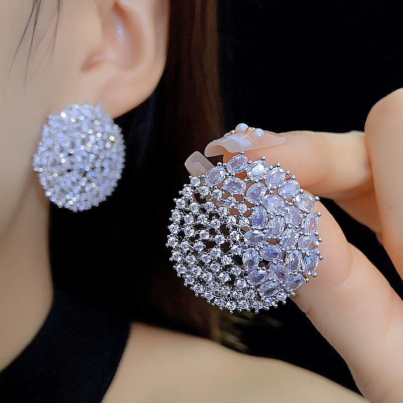 Gold (thickened Genuine Gold Plating) Brass Round Earrings With Diamonds