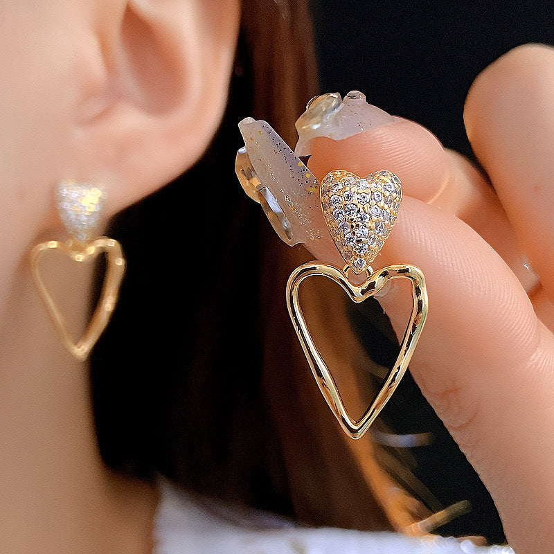 Gold (thickened Genuine Gold Plating) Copper And Diamond Heart Earrings