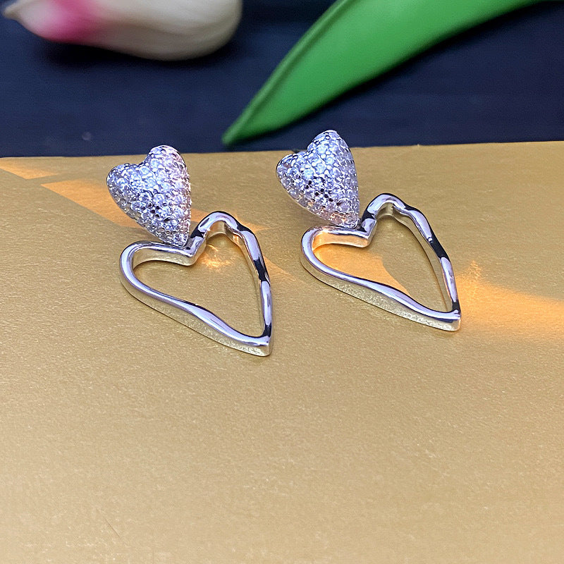 Gold (thickened Genuine Gold Plating) Copper And Diamond Heart Earrings
