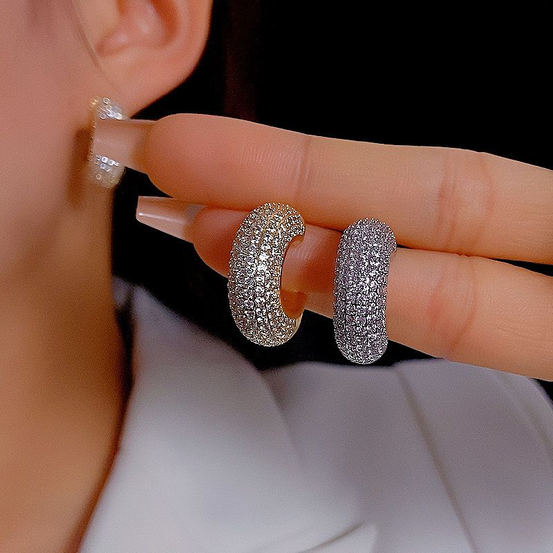 Gold (thickened Genuine Gold Plating) Copper C-shaped Earrings With Diamonds