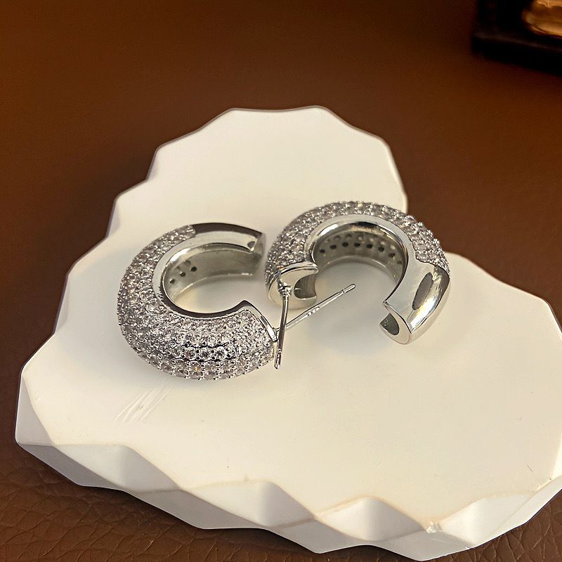 Gold (thickened Genuine Gold Plating) Copper C-shaped Earrings With Diamonds