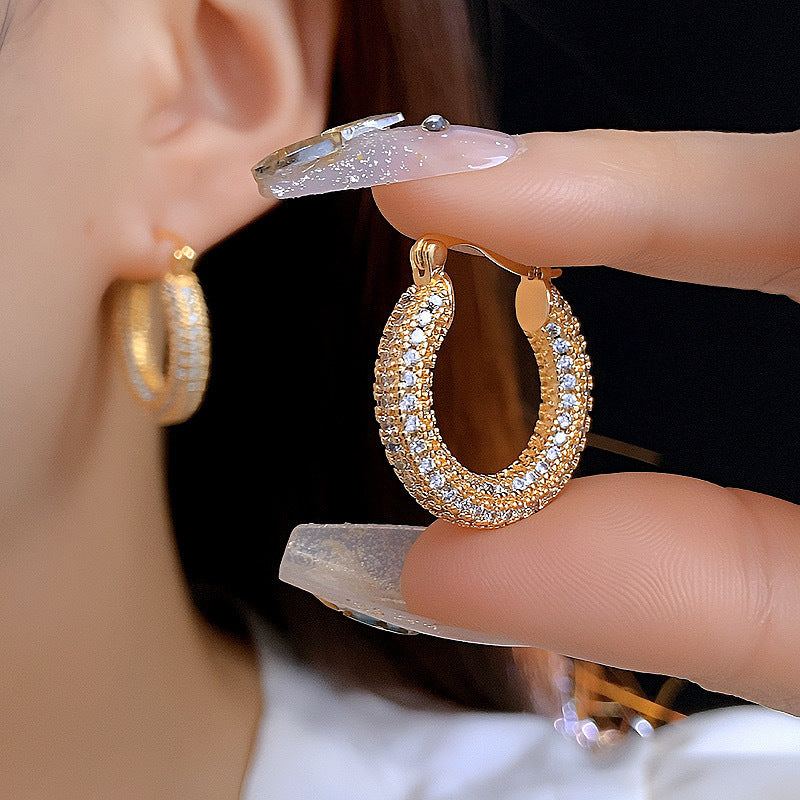 Gold (thickened Genuine Gold Plating) Copper Round Earrings With Diamonds