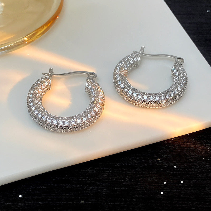 Gold (thickened Genuine Gold Plating) Copper Round Earrings With Diamonds