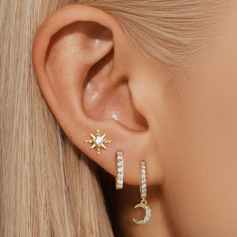 Gold (three) Copper And Diamond-encrusted Star And Moon Earring Set