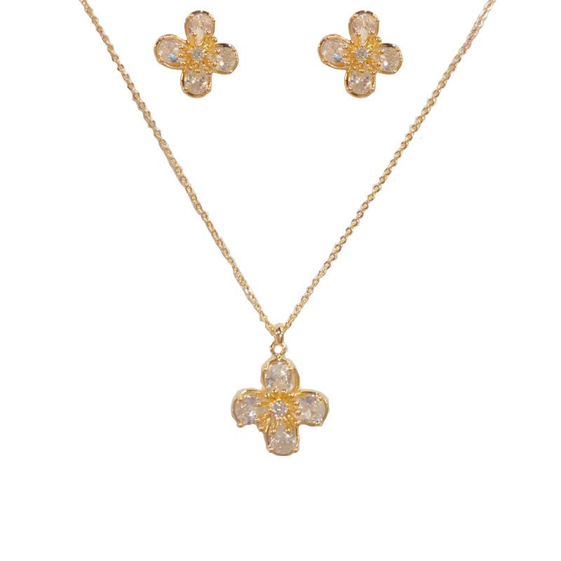 Gold-full Zirconium Petal Combination Set (thick Real Gold Electroplating) Diamond Petal Necklace And Earring Set