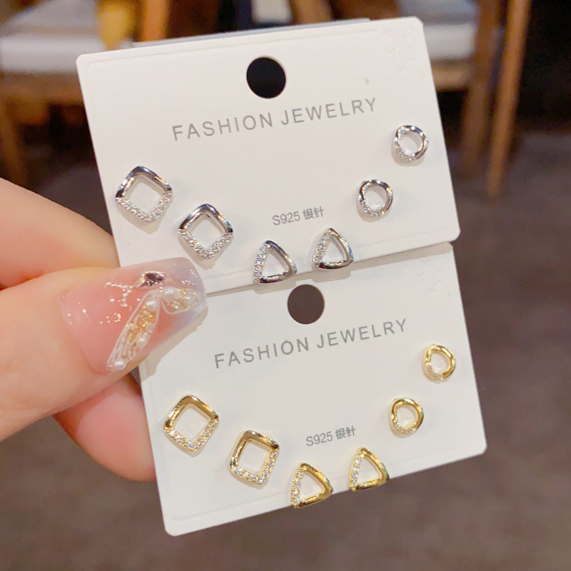 Gold-geometric Square Three-piece Earrings (thickened Real Gold Electroplating) Copper Diamond Square Triangle Earring Set