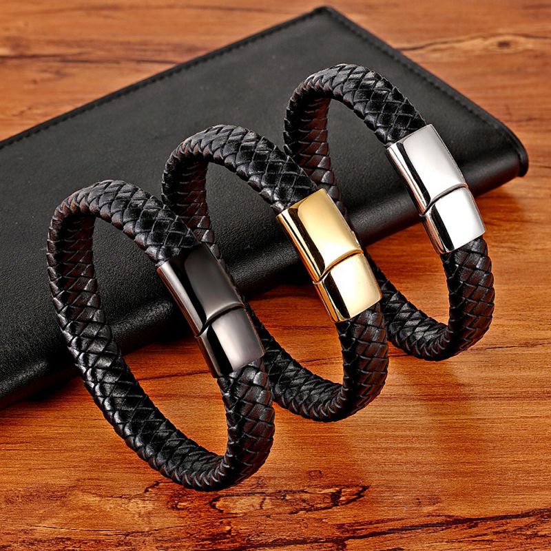 Gold-plated Black Leather -- 21cm Stainless Steel Leather Cord Woven Magnetic Buckle Bracelet