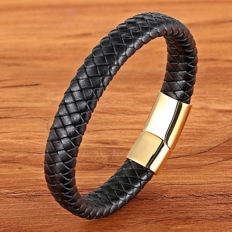 Gold-plated Black Leather -- 21cm Stainless Steel Leather Cord Woven Magnetic Buckle Bracelet