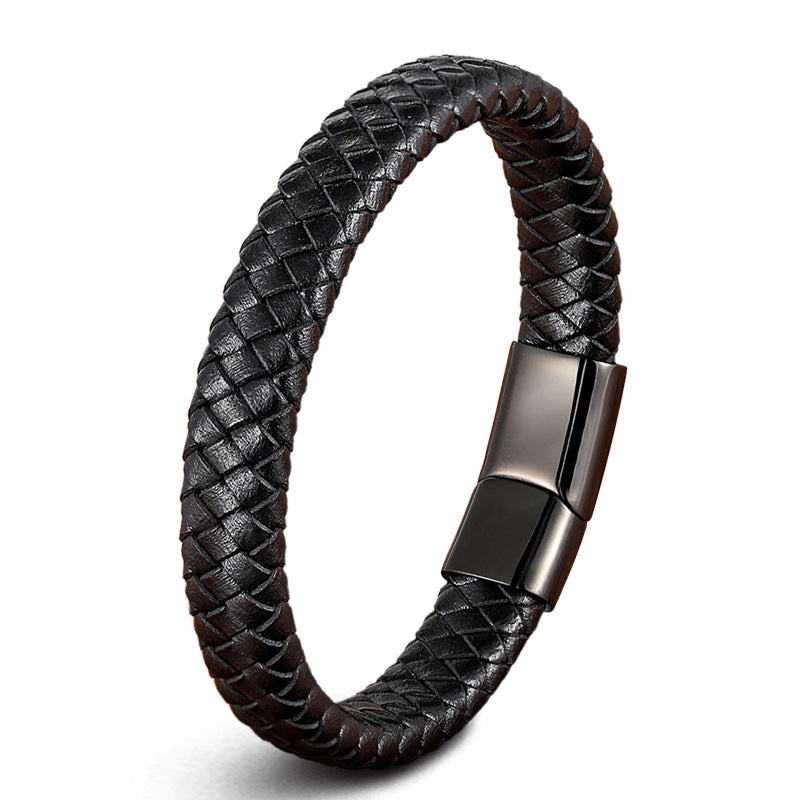 Gold-plated Black Leather -- 21cm Stainless Steel Leather Cord Woven Magnetic Buckle Bracelet
