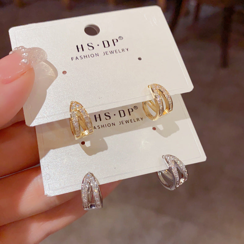 Gold-plated Diamond-encrusted Double-layered Small Earrings (thickened Genuine Gold Plating) Copper And Diamond-encrusted Double-layer Earrings