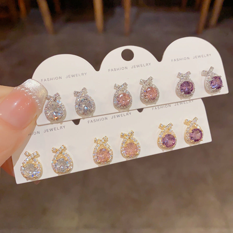 Gold-plated Full Zircon Geometric Tricolor Earring Set (thickened Real Gold Plating) Copper And Diamond-encrusted Round Earring Set