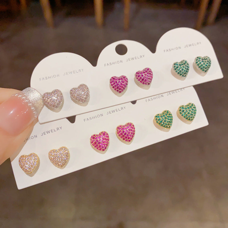 Gold-plated Full-diamond Three-color Heart-shaped Earring Set (thickened Genuine Gold Plating) Copper And Diamond-encrusted Heart Earring Set