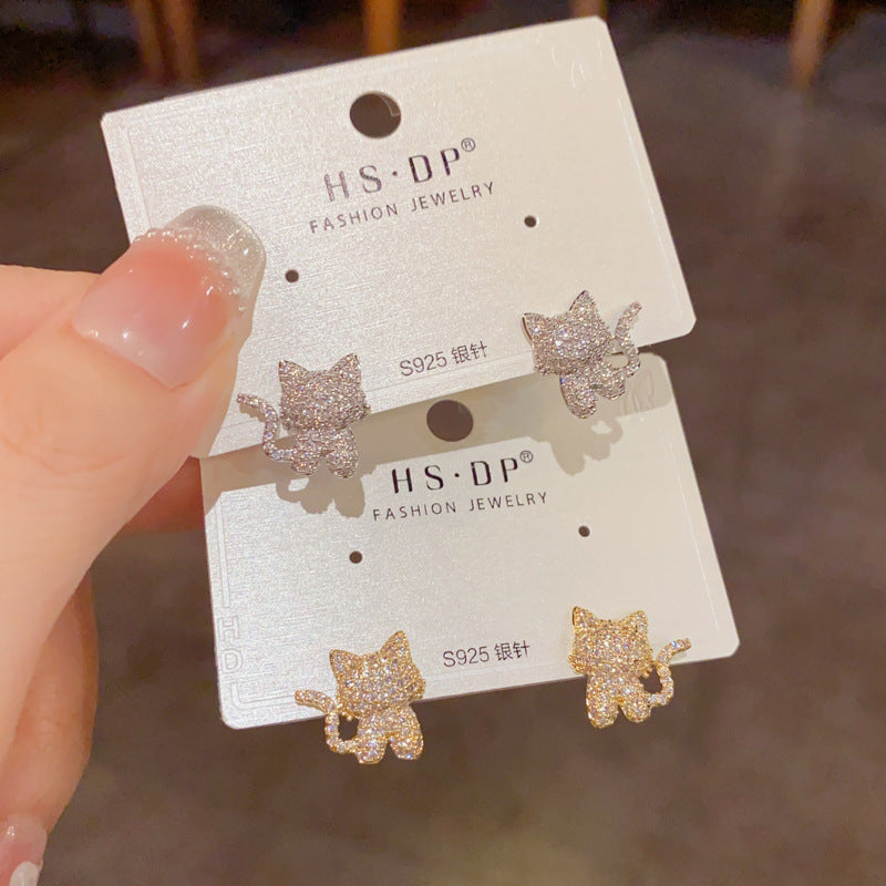 Gold-plated Fully Rhinestone Kitten Earrings (thickened With Real Gold Plating) Cartoon Full-diamond Kitten Earrings