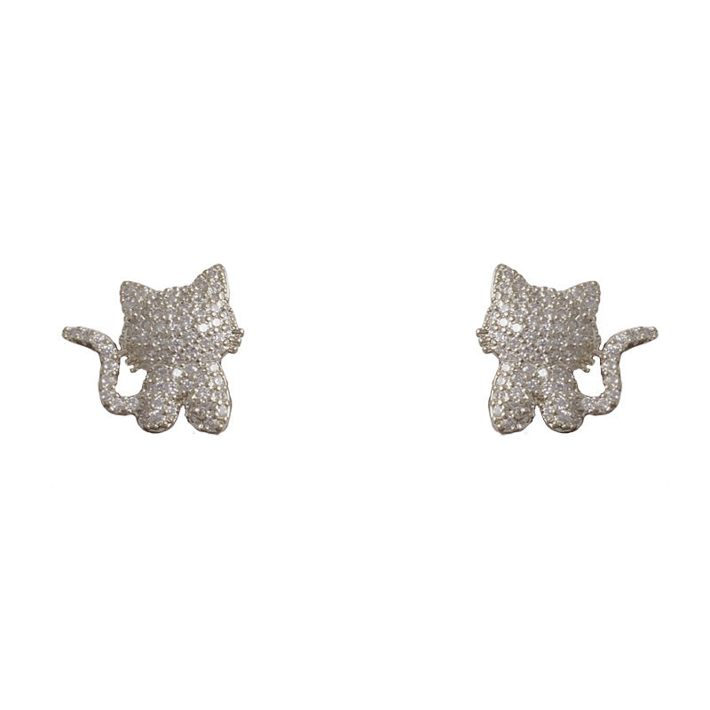 Gold-plated Fully Rhinestone Kitten Earrings (thickened With Real Gold Plating) Cartoon Full-diamond Kitten Earrings