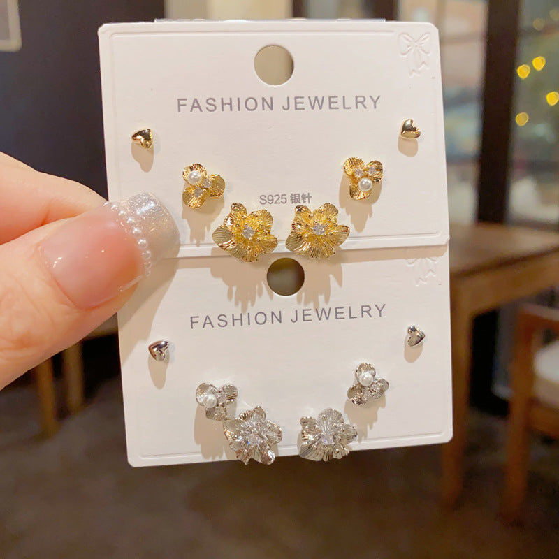 Gold-plated Metallic Petal Heart Three-piece Earring Set (thickened Genuine Gold Plating) Metal Petal Heart Earring Set