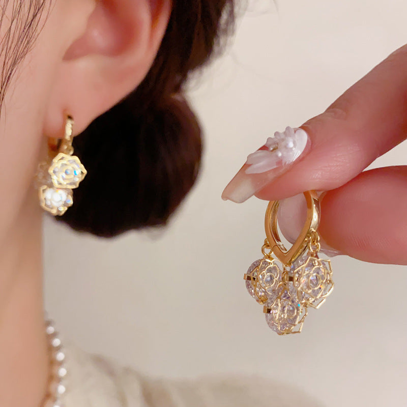 Gold-plated Rose Tassel Earrings With Full Zirconium Color (thickened With Real Gold Plating) Copper And Diamond-encrusted Flower Hoop Earrings