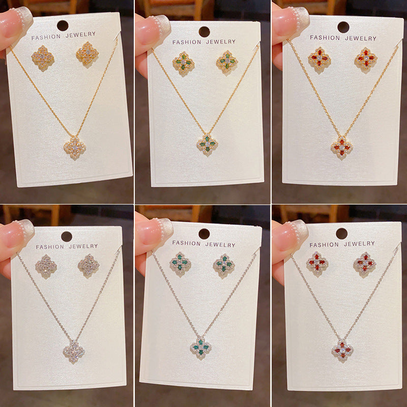 Gold-plated Zircon Four-leaf Clover Set (thickened Real Gold Plating) Copper And Diamond-encrusted Four-leaf Clover Necklace And Earring Set