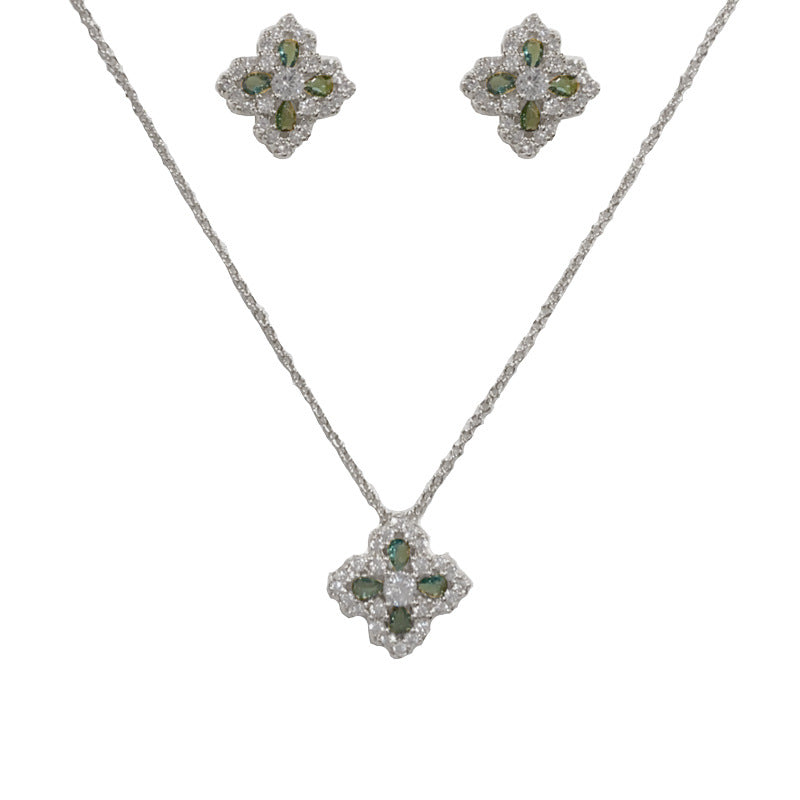 Gold-plated Zircon Four-leaf Clover Set (thickened Real Gold Plating) Copper And Diamond-encrusted Four-leaf Clover Necklace And Earring Set