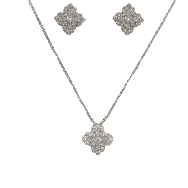 Gold-plated Zircon Four-leaf Clover Set (thickened Real Gold Plating) Copper And Diamond-encrusted Four-leaf Clover Necklace And Earring Set