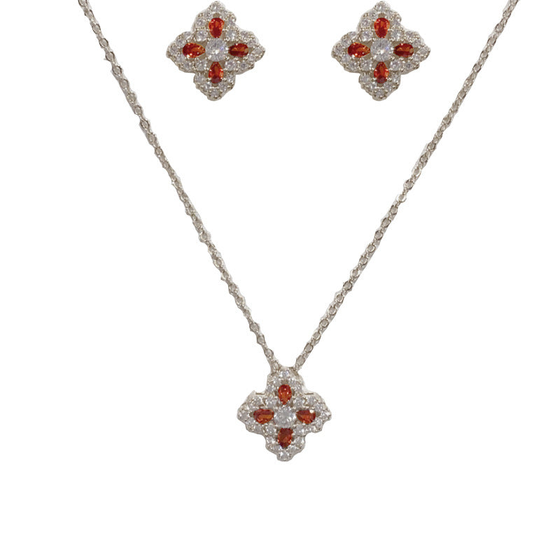 Gold-plated Zircon Four-leaf Clover Set (thickened Real Gold Plating) Copper And Diamond-encrusted Four-leaf Clover Necklace And Earring Set