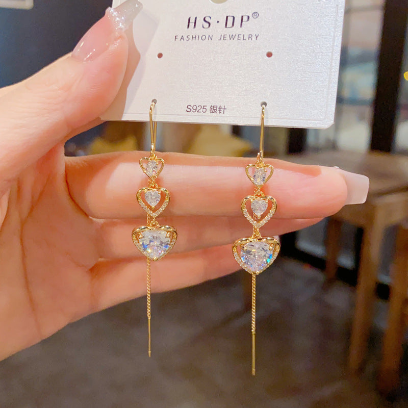 Gold-plated Zircon Heart-shaped Tassel Earrings (thickened With Real Gold Plating) Copper And Diamond Heart Earrings