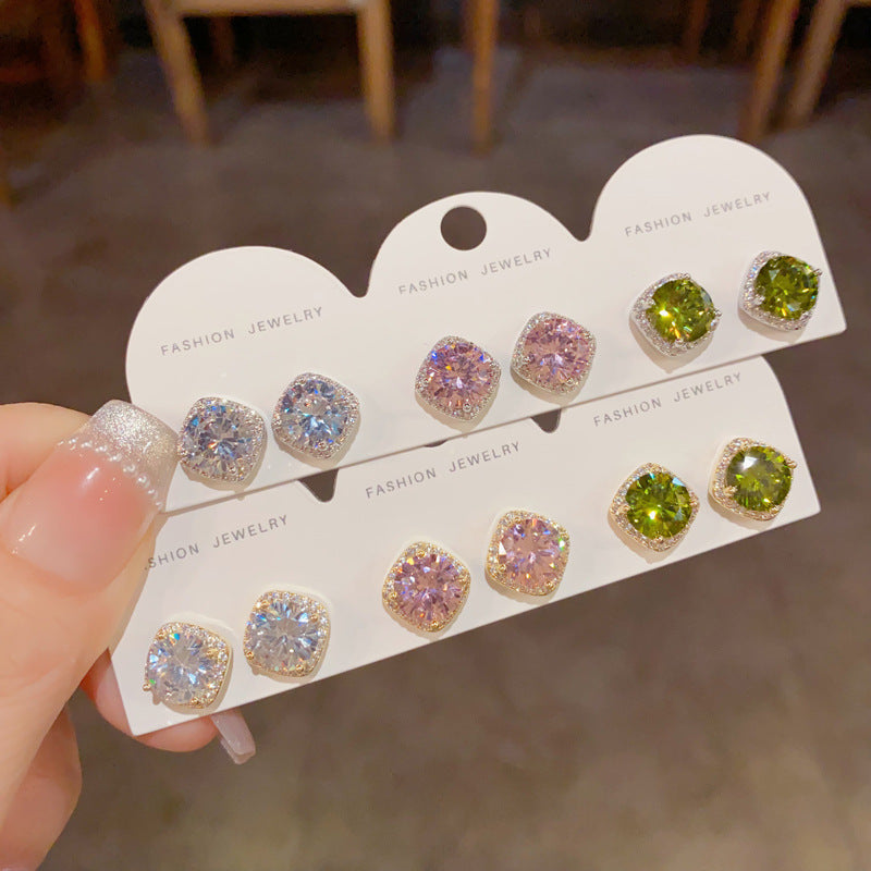 Gold-plated Zircon Tricolor Diamond Earring Set (thickened Genuine Gold Plating) Copper And Diamond Earring Set