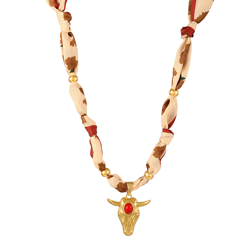 Gold-red Oval Turquoise Copper Bull Head Printed Fabric Necklace