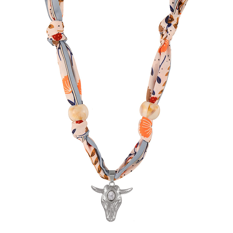 Gold-red Oval Turquoise Copper Bull Head Printed Fabric Necklace