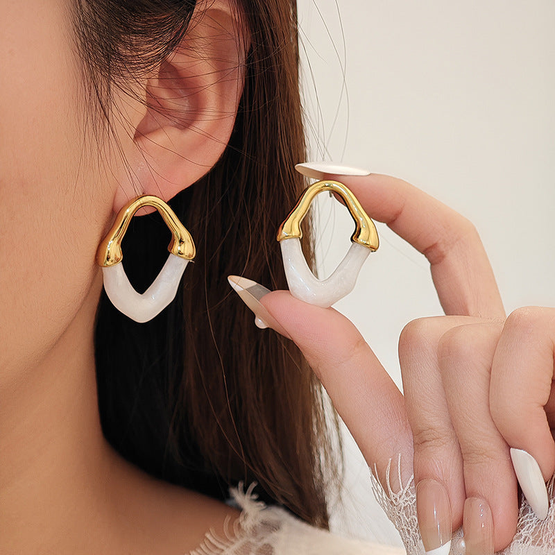 Gold-rimmed Double V Earrings - White Stainless Steel Gold-rimmed Double V Stud Earrings