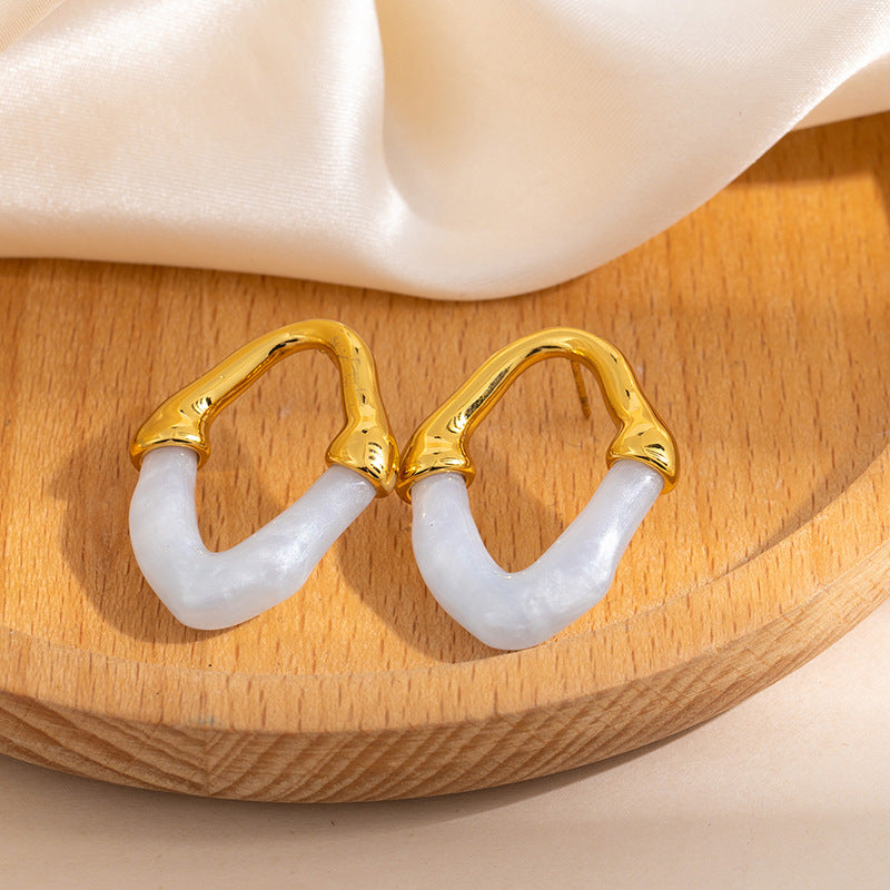 Gold-rimmed Double V Earrings - White Stainless Steel Gold-rimmed Double V Stud Earrings