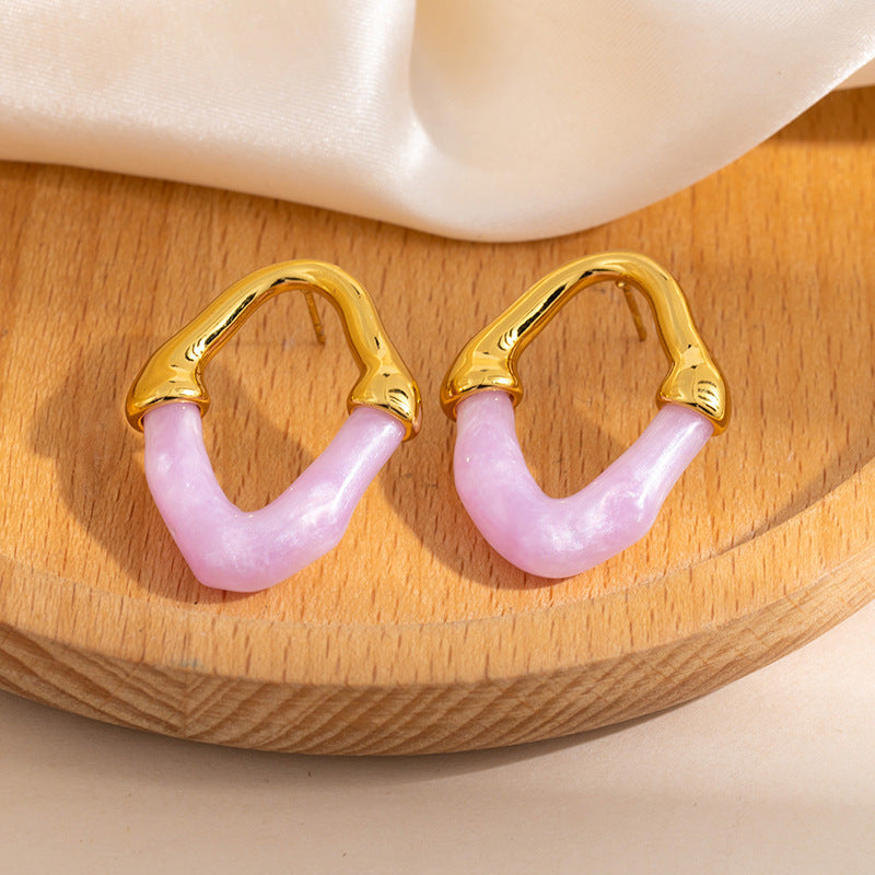 Gold-rimmed Double V Earrings - White Stainless Steel Gold-rimmed Double V Stud Earrings