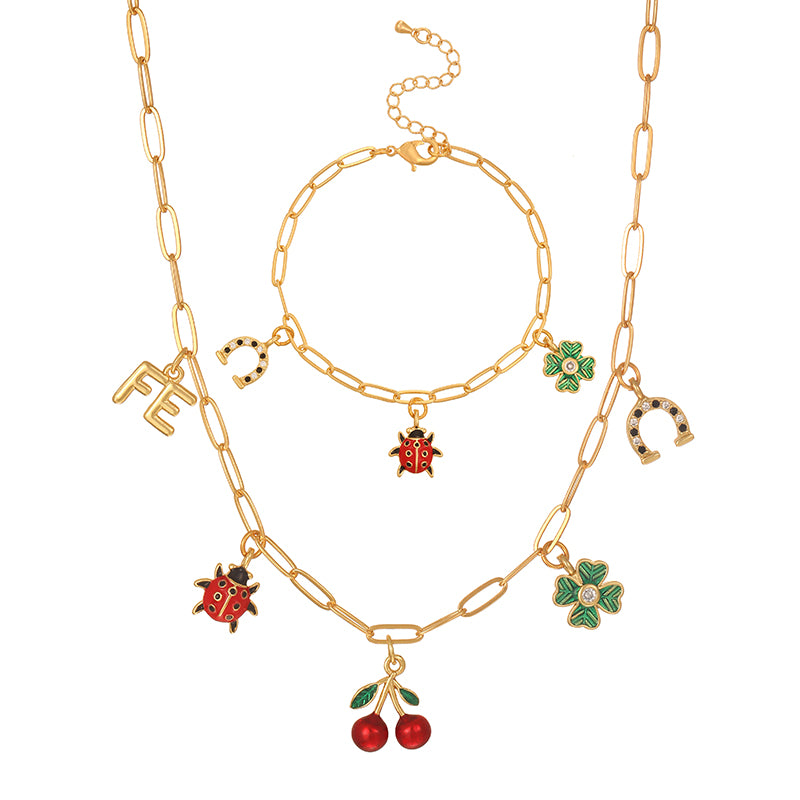 Golden 7 Copper Inlaid Zircon Oil Drop Religious Necklace Bracelet Set