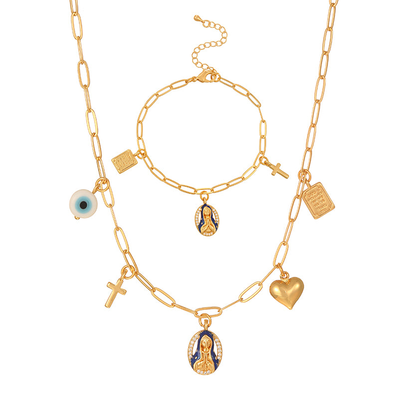 Golden 7 Copper Inlaid Zircon Oil Drop Religious Necklace Bracelet Set