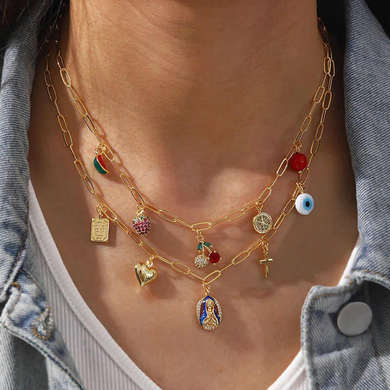 Golden 7 Copper Inlaid Zircon Oil Drop Religious Necklace Bracelet Set