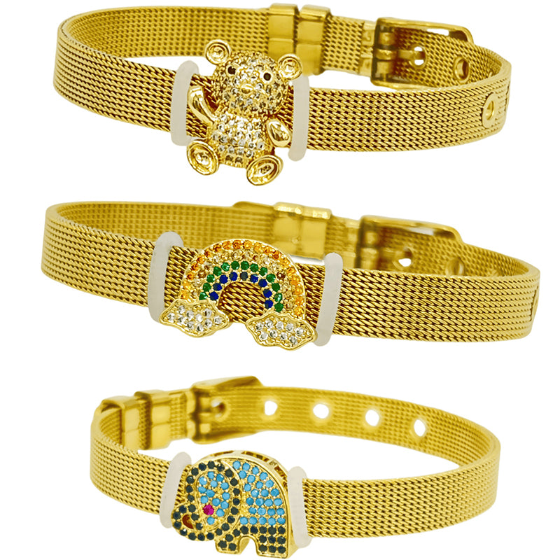 Golden Bear Stainless Steel Diamond-encrusted Bear Watch Strap Bracelet