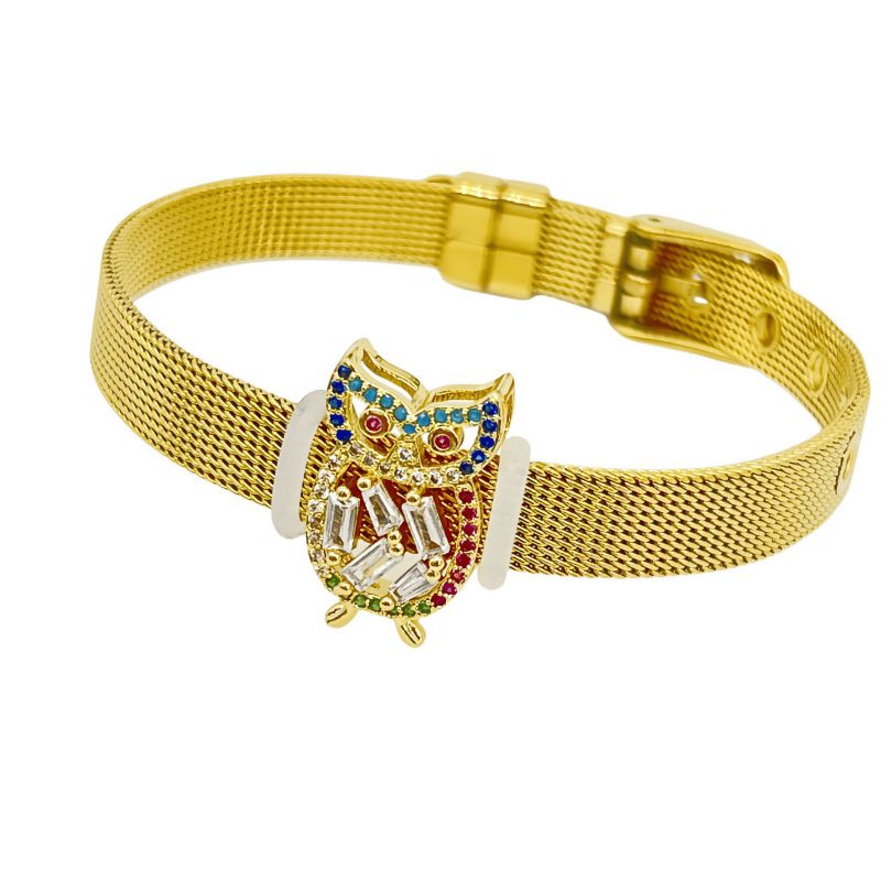 Golden Bear Stainless Steel Diamond-encrusted Bear Watch Strap Bracelet