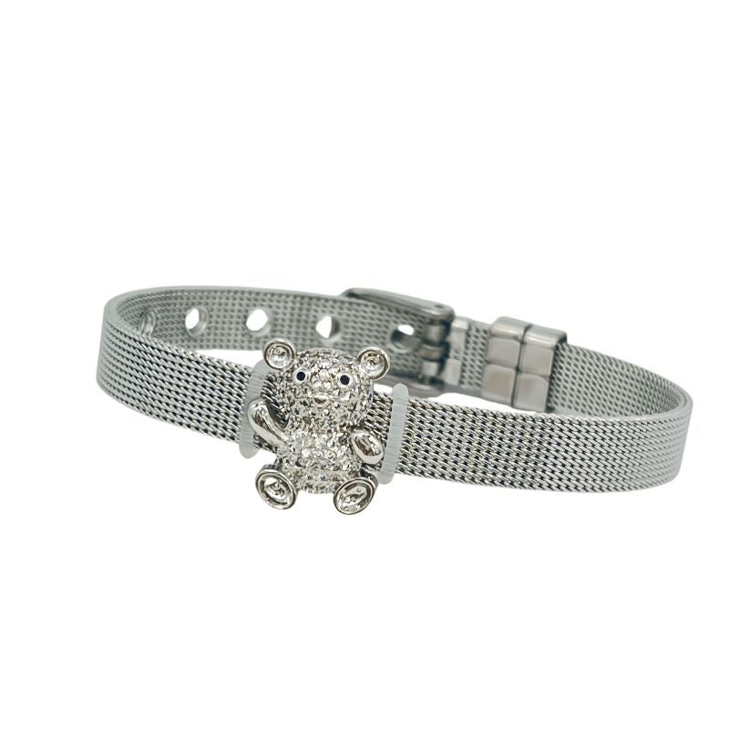 Golden Bear Stainless Steel Diamond-encrusted Bear Watch Strap Bracelet